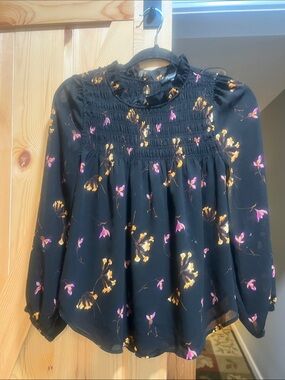 Black Floral Smocked Yoke Blouse with Pink & Mustard Flowers
